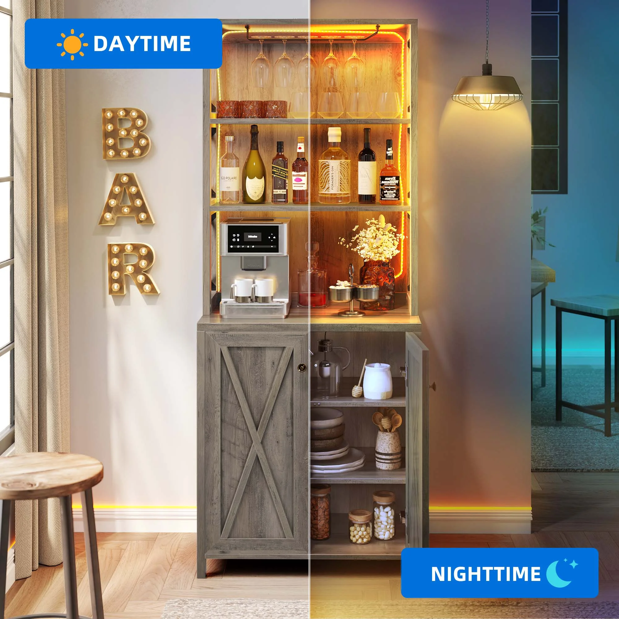 Dextrus Farmhouse Bar Cabinet for Liquor and Glasses, 67"Freestanding Bar Cabinet with Led Light, Doors and Shelves, Kitchen Microwave Storage