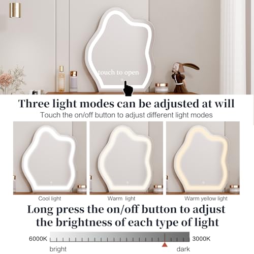 Makeup Vanity Desk with Cloud Lighted Mirror with Power Outlet and LED Strip, 3 Color Lighting Modes with Adjustable Brightness