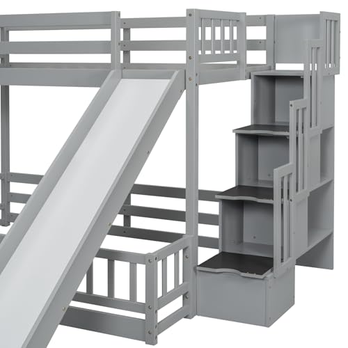Bunk Beds Twin Over Full Size, Pine Solid Wooden Bunk Bed with Slide, Storage Staircase, Safety Guardrails for Kids, White