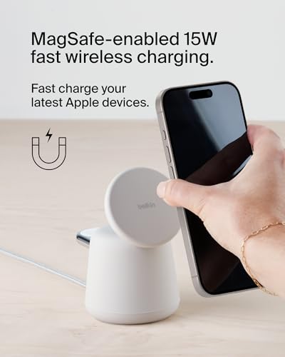 Belkin 2-in-1 MagSafe Wireless Charging Dock 15W Fast Charge iPhone Charger Compatible with iPhone 16, 15, 14, and 13 Series, AirPods