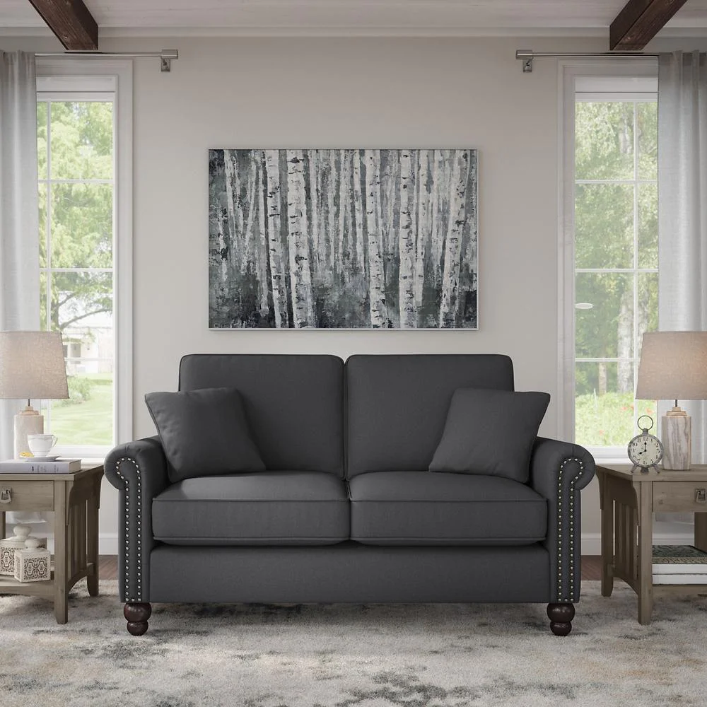 Coventry 61W Loveseat in Charcoal Gray Herringbone Fabric