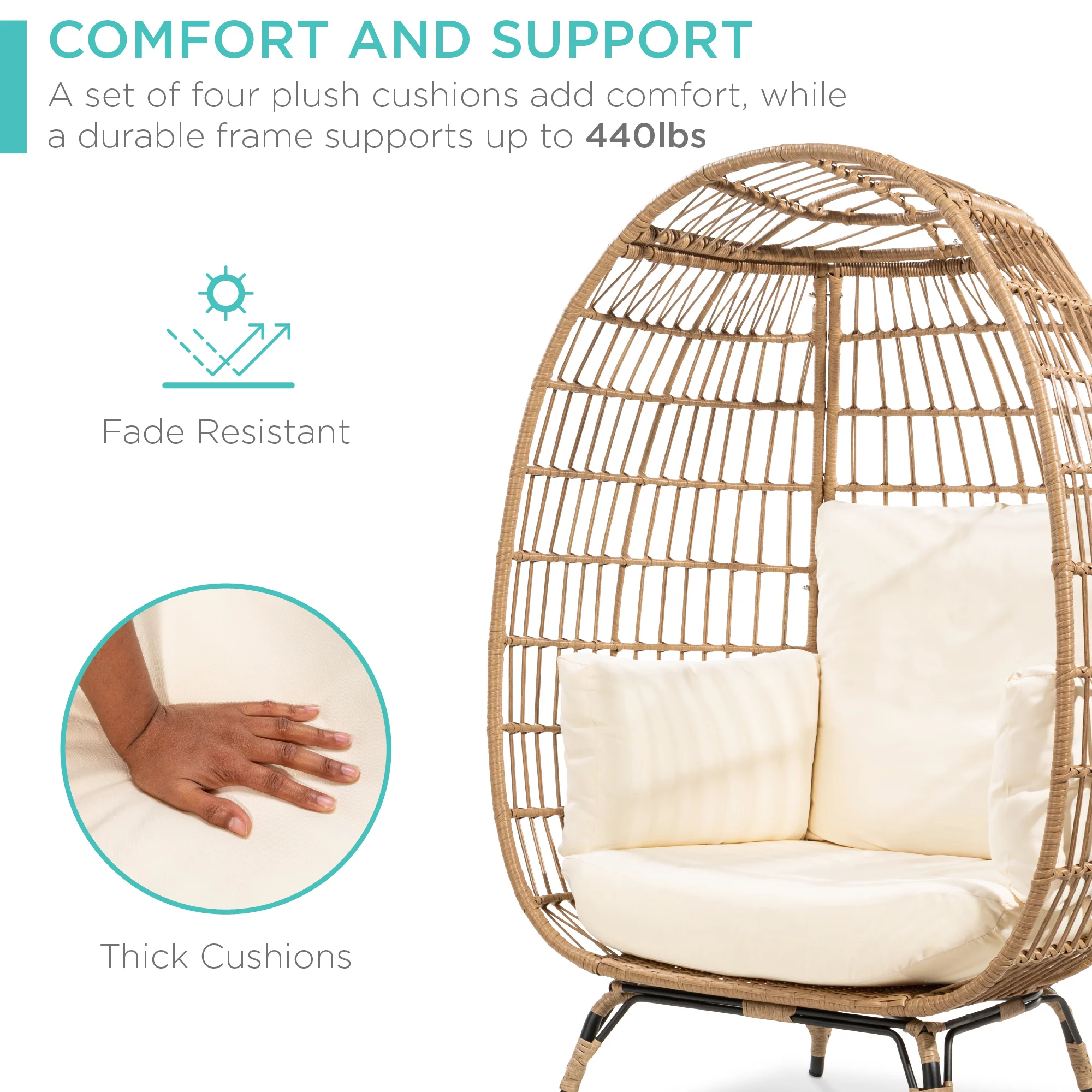 Best Choice Products Wicker Egg Chair Oversized Indoor Outdoor Patio Lounger w/ Steel Frame, 440lb Capacity - Ivory
