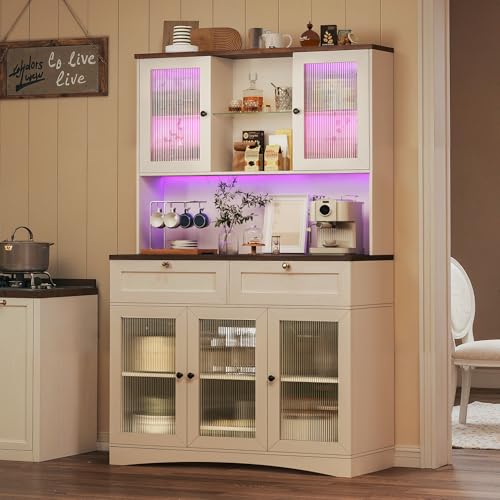 71" Kitchen Pantry Cabinet with Lights & Acrylic Doors, Pantry Storage Cabinet with Microwave Stand