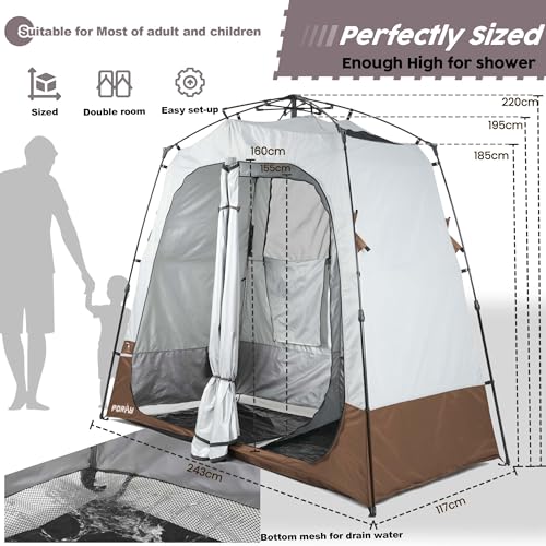 Camping Shower Tent Deluxe Changing Room Easy Set Up Privacy Shelter,Large Toilet Tent 2 Rooms with Floor Drain Design for Beach, Camping