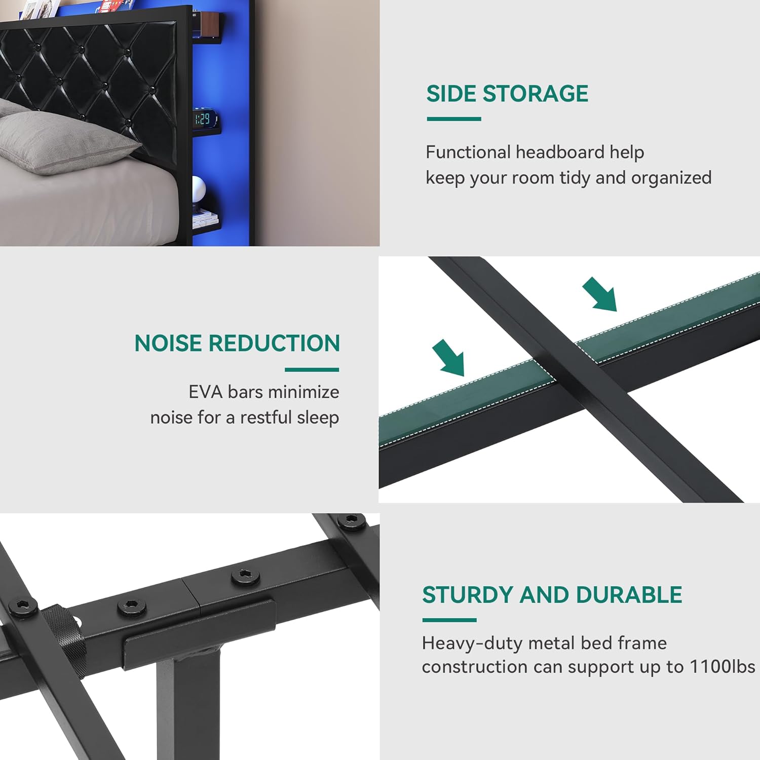 YITAHOME Queen Bed Frame with Headboard & 4 Storage Drawers, Modern Upholstered Faux Leather Platform Bed with RGB LED Lights & USB-C Charging Ports