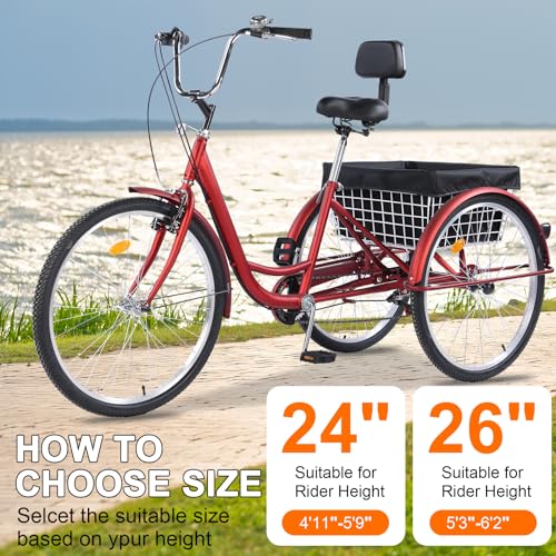 Adult Tricycles, 7 Speed Adult Trikes 24 inch 3 Wheel Bikes, Cruise Bike with Basket for Seniors, Women, Men for Recreation, Shopping, Exercise