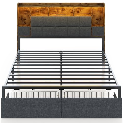 LED Bed Frame Full Size with Bookshelf Headboard, 2 Hidden Storage Drawers, Upholstered Platform Metal Bed Frame with Charging Station