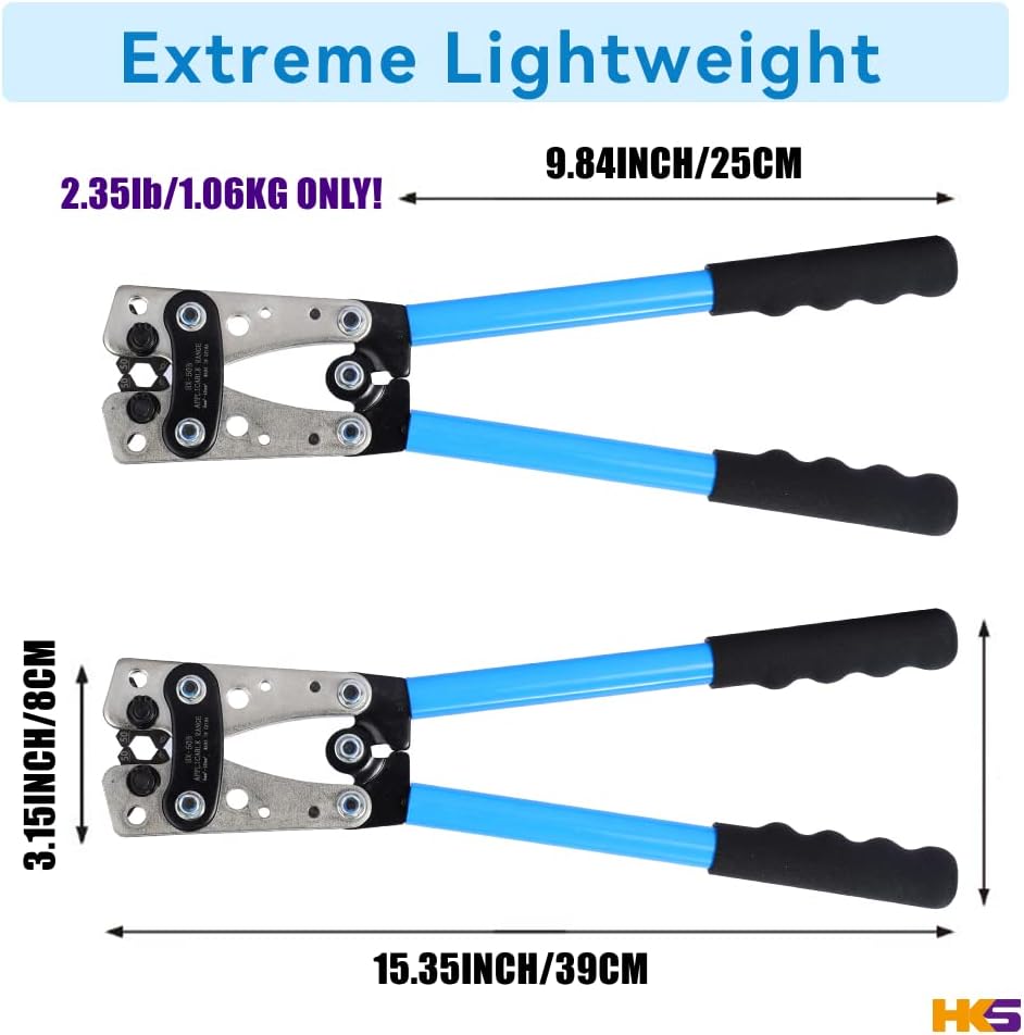 HKS Battery Cable Lug Crimping Tool 10-1 AWG with 60Pcs Copper Ring Terminals 8 Sizes Cable Lugs Set