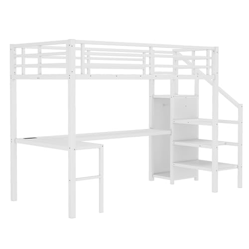 Bellemave Full Size Metal Loft Bed with L Shaped Desk and Wardrobe, Heavy Duty Loft Bed Frame with Storage Stairs