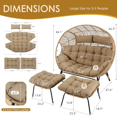 NICESOUL Stationary Egg Chair Indoor Outdoor Wicker Oversized Thick Cushions Egg Shaped Loveseat Chair