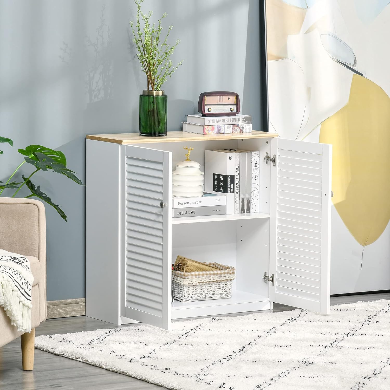 HOMCOM Storage Cabinet Kitchen Sideboard with Louvered Doors, Freestanding Floor Cabinet for Living Room, Hallway, White