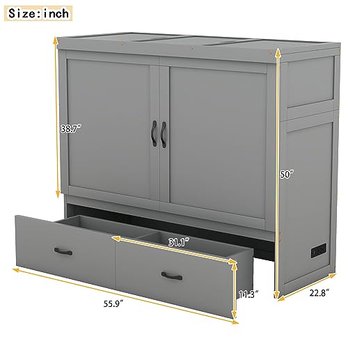 Queen Size Murphy Bed with USB Port, Solid Wood Murphy Bed Frame with Removable Shelves On Each Side, Space-Saving Design for Small Spaces