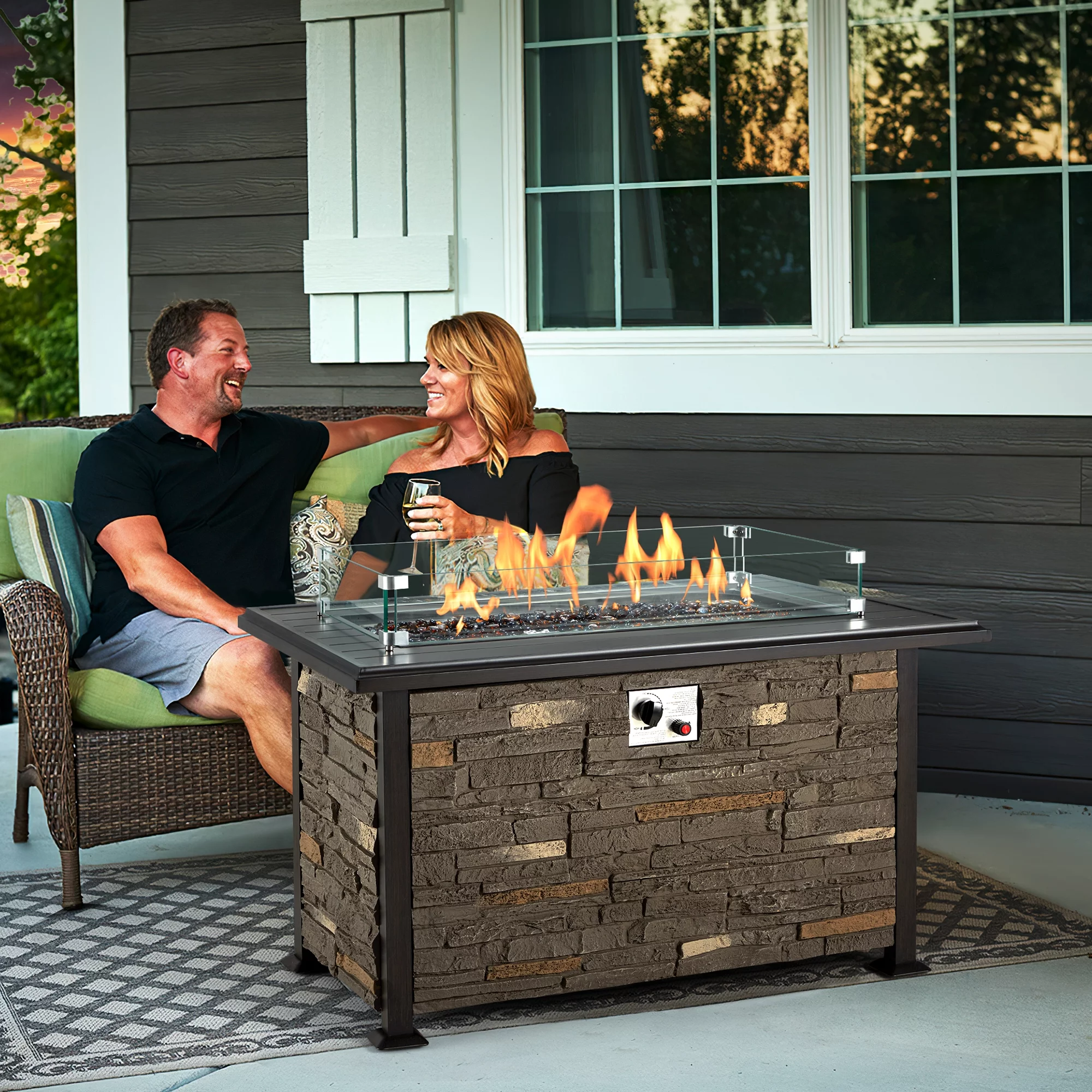 Homrest 44 Inch Aluminum Propane Fire Pit Table w/ Faux Ledgestone, Hand-Painted Table Top, 50,000 BTU Fire Table w/ CSA Certification,Wind Guard
