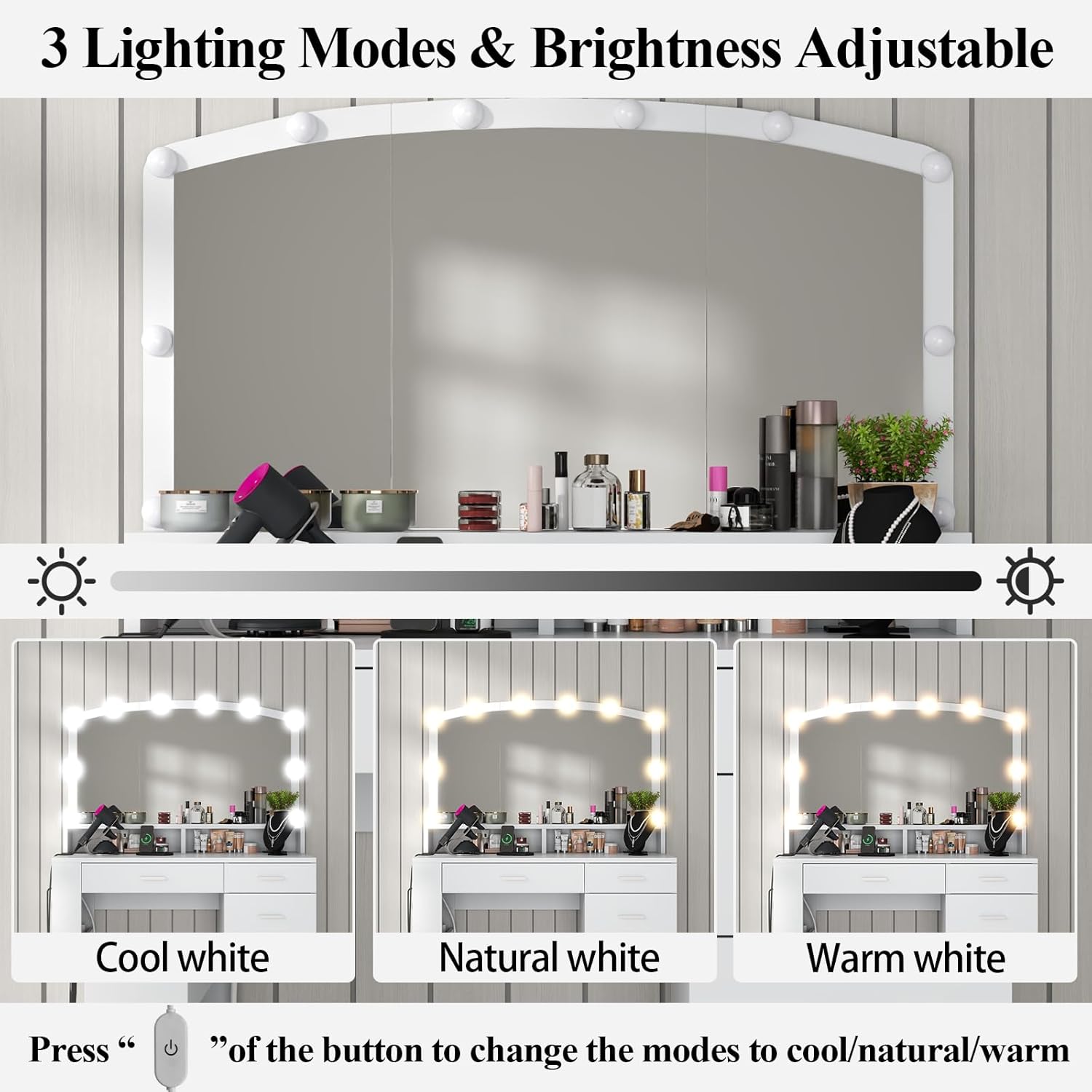 Vanity Desk with Large Mirror,Vanity Dresser with 10 Lights in 3 Lighting Colors,Makeup Vanity with 5 drawers and Power Outlet