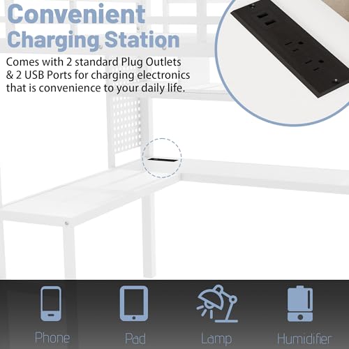 Queen Loft Bed with L-Shaped Desk and Stairs,Metal Queen Size LoftBed with Wardrobe and Adjustable Shelf, Gaming Bed with LED and USB