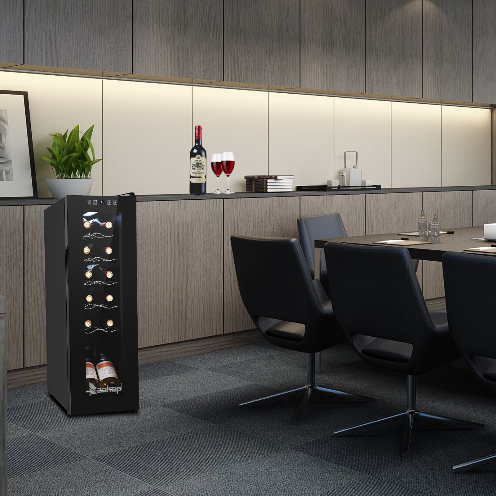 JC-34 115V 85W 1.2cu.ft/34l  Electronic Wine Cabinet Cold Rolled Sheet Transparent Glass Door / 12Bottle with Display Black