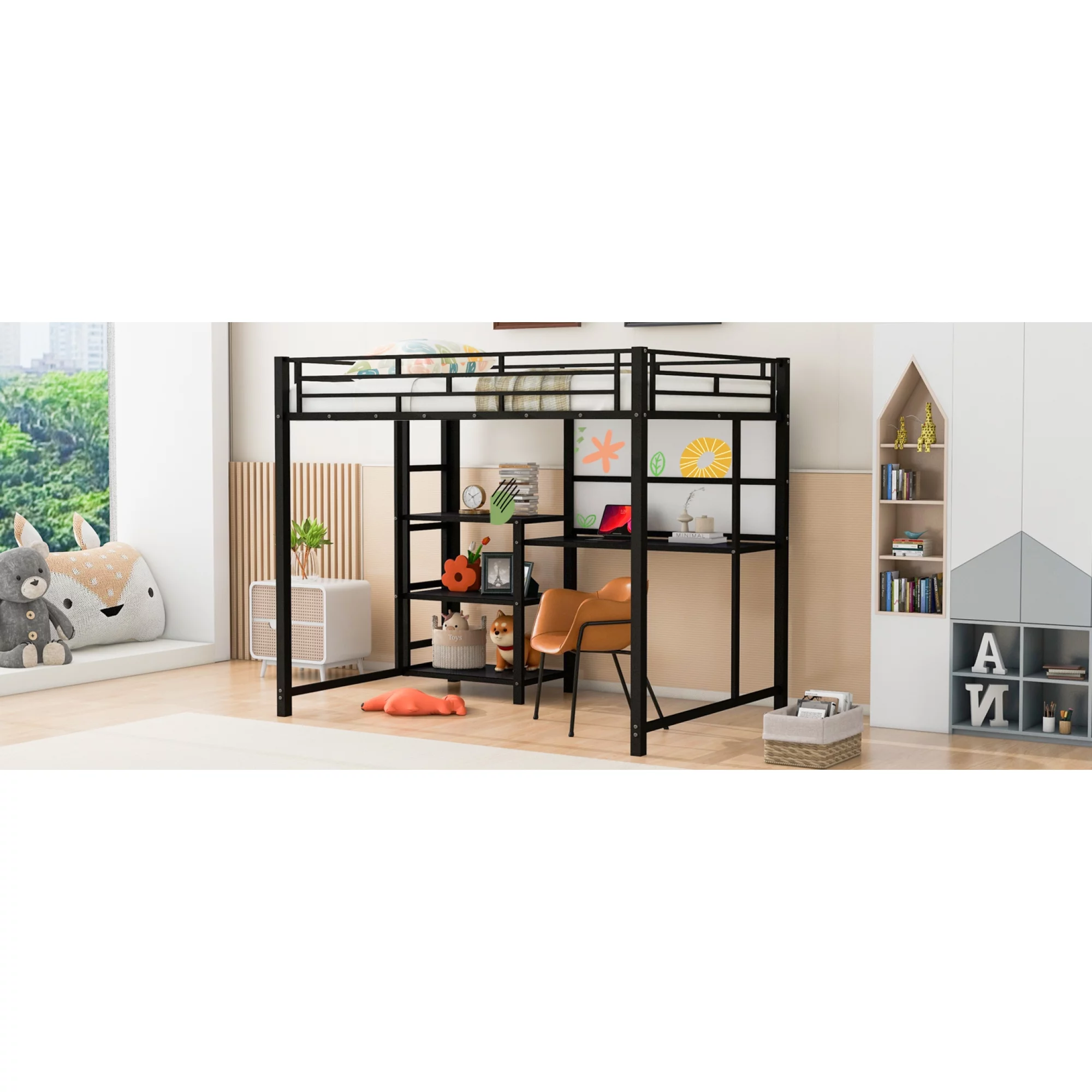Full Size Loft Bed with Desk and Whiteboard, Metal Loft Bed with 3 Shelves and Ladder, Black