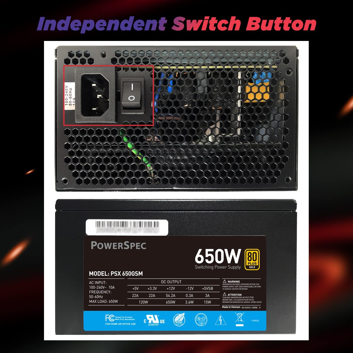 PowerSpec 650W Power Supply 80 Plus Bronze Certified Fixed Cable Non-Modular ATX PSU Active PFC SLI Crossfire Ready Gaming PC Computer Switching