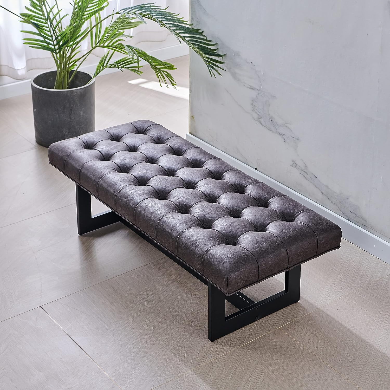 Nathaniel Home Button-Tufted Kids Ottoman, Upholstered Bedroom Benches, Vegan Leather Footrest Stool Accent Bench