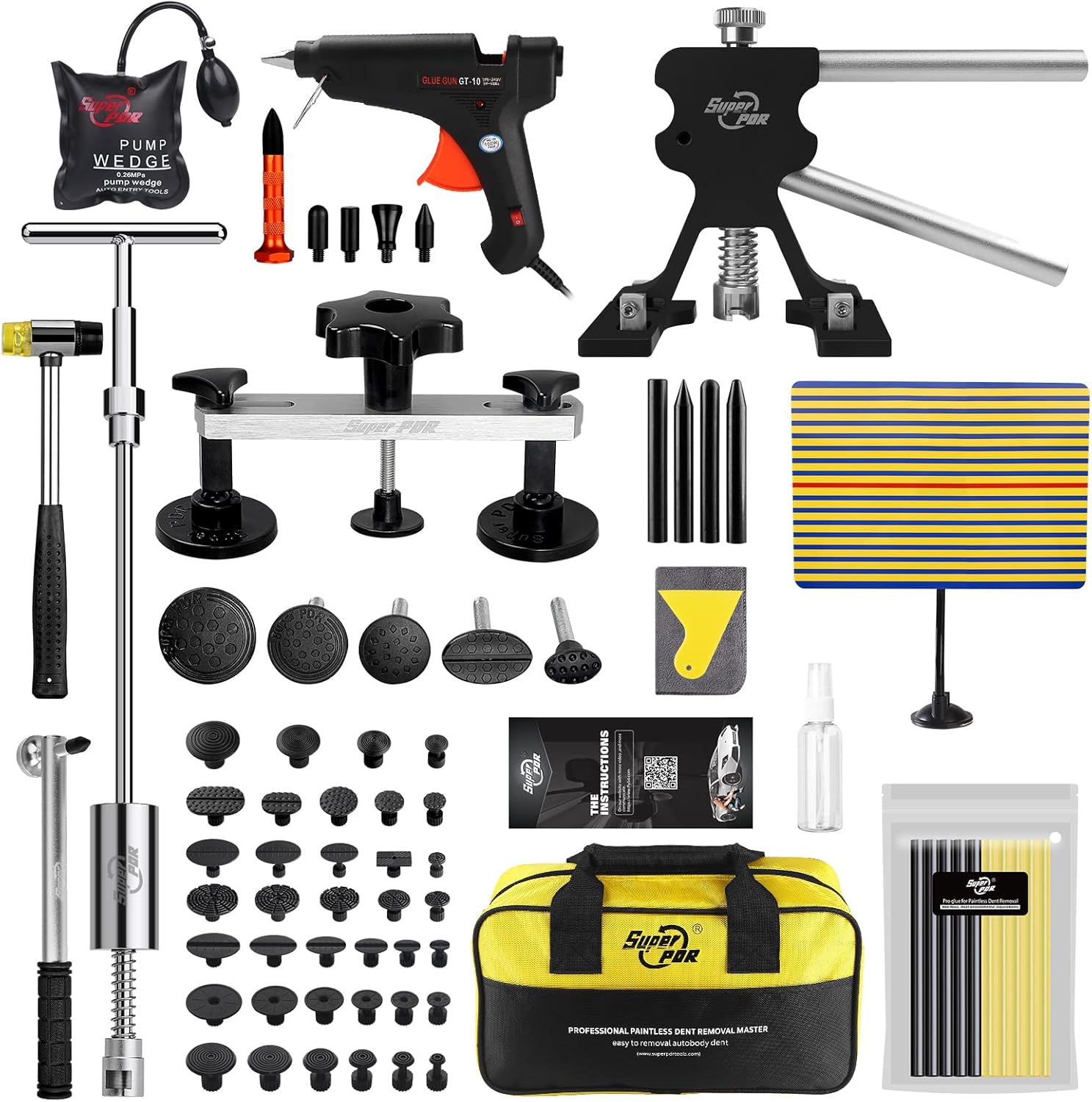 Super PDR Paintless Dent Removal Tools, Auto Body Dent Repair Kits with Stripe Reflector Board, Dent Puller Kit for Car Hail Damage Dent & Ding Remove