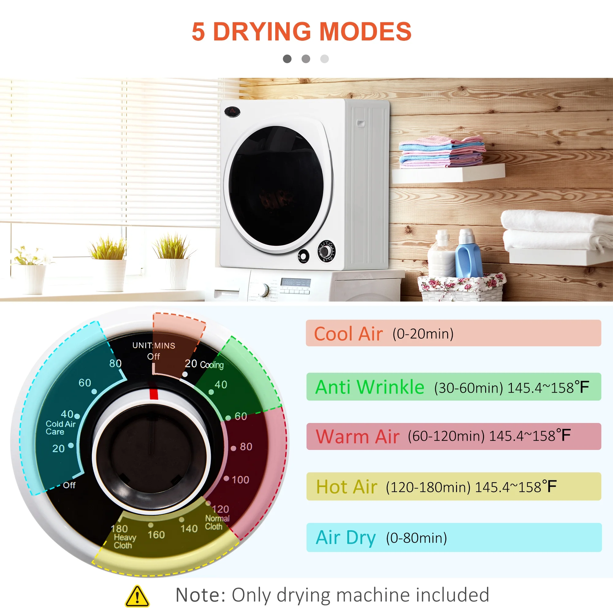 HOMCOM Dryer Machine, 1350W 3.22 Cu. Ft. Portable Clothes Dryer w/ 5 Modes