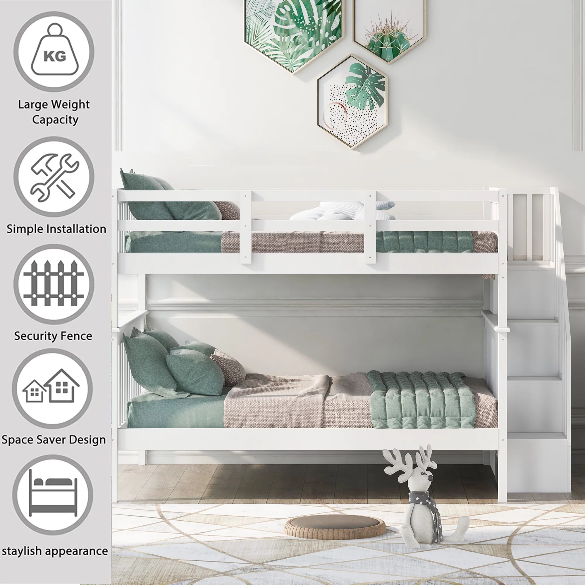 BELLEMAVE Full over Full Bunk Beds for Kids, Kids Bunk Beds with Storage Stairs and Full-Length Guardrail, Convertible Into 2 Bed