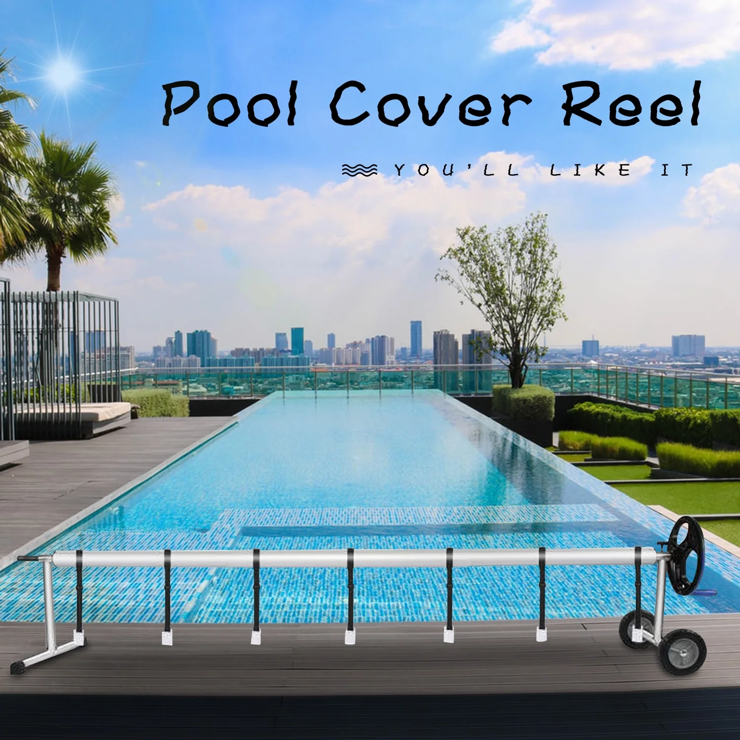 FULLWATT 20 Ft Pool Cover Reel Set Aluminum Inground Swimming Pool Solar Cover Blanket Reel Roller (Blue)