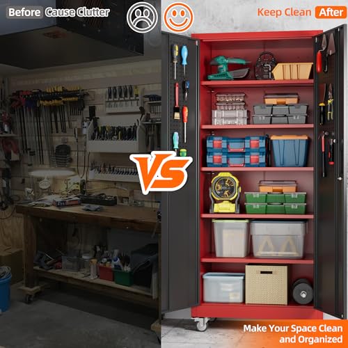 Metal Storage Cabinet with Wheels, 73" H Rolling Garage Cabinets with Locking Doors and Adjustable Shelves for Home Office, Basement, Pantry, Workshop