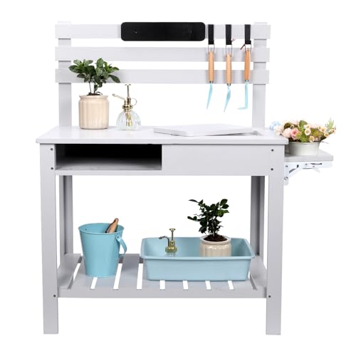 Potting Bench Table Outdoor Garden Table Wooden Work Station Outdoor Garden Work Bench Platform with 3 Side Hook Shelf Natural Wood Rice-White