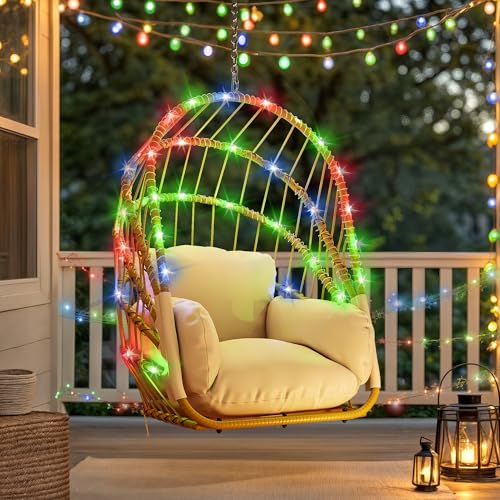 YITAHOME Hanging Egg Chair Without Stand, Rattan Wicker Swing Egg Chair with Light String & Resistant Cushion, 300lbs Capacity