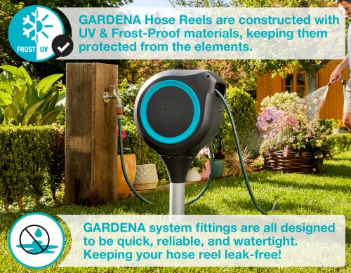 GARDENA (18604-80) 50' x 1/2" Automatic Retractable Garden Hose Reel for Outside Use on Metal Spike With Easy Swivel for Simple Watering of Gardens