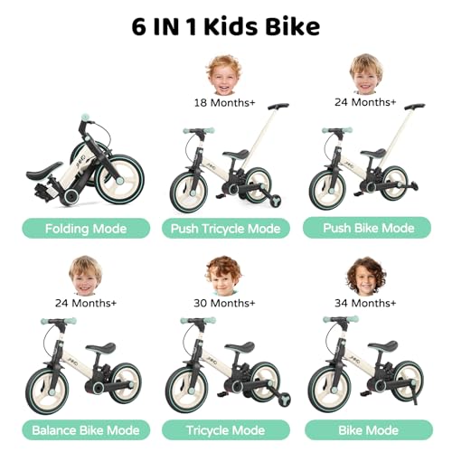 JMMD Toddler Bike with Push Handle for Kids 18-60 Months, 6 in 1 Foldable Push Bike with Training Wheels, Pedals, Brakes, Kickstand