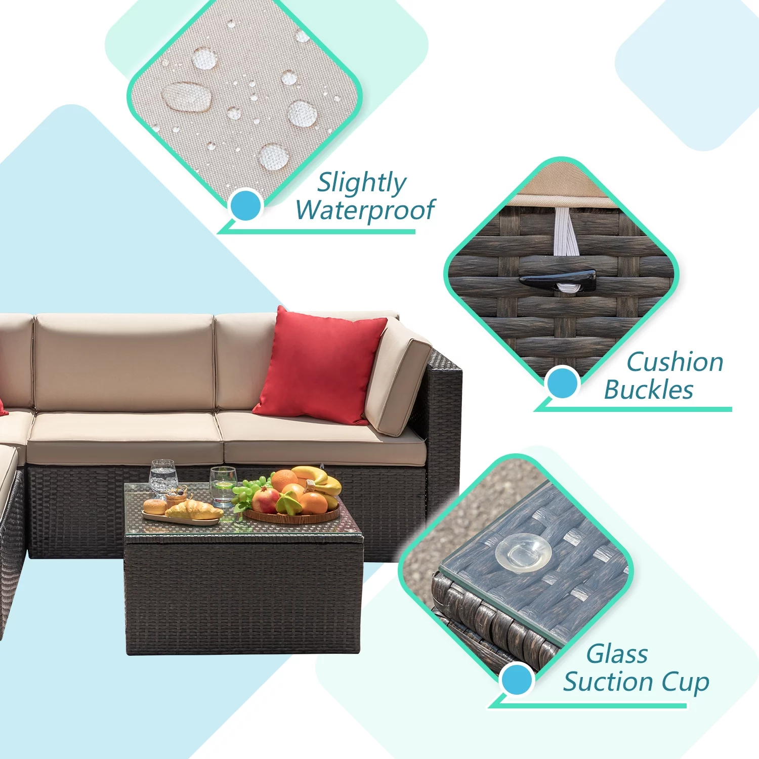 LACOO 5 Pieces Patio Sectional Set PE Rattan Outdoor All-Weather Wicker Conversation Set with Table, Beige