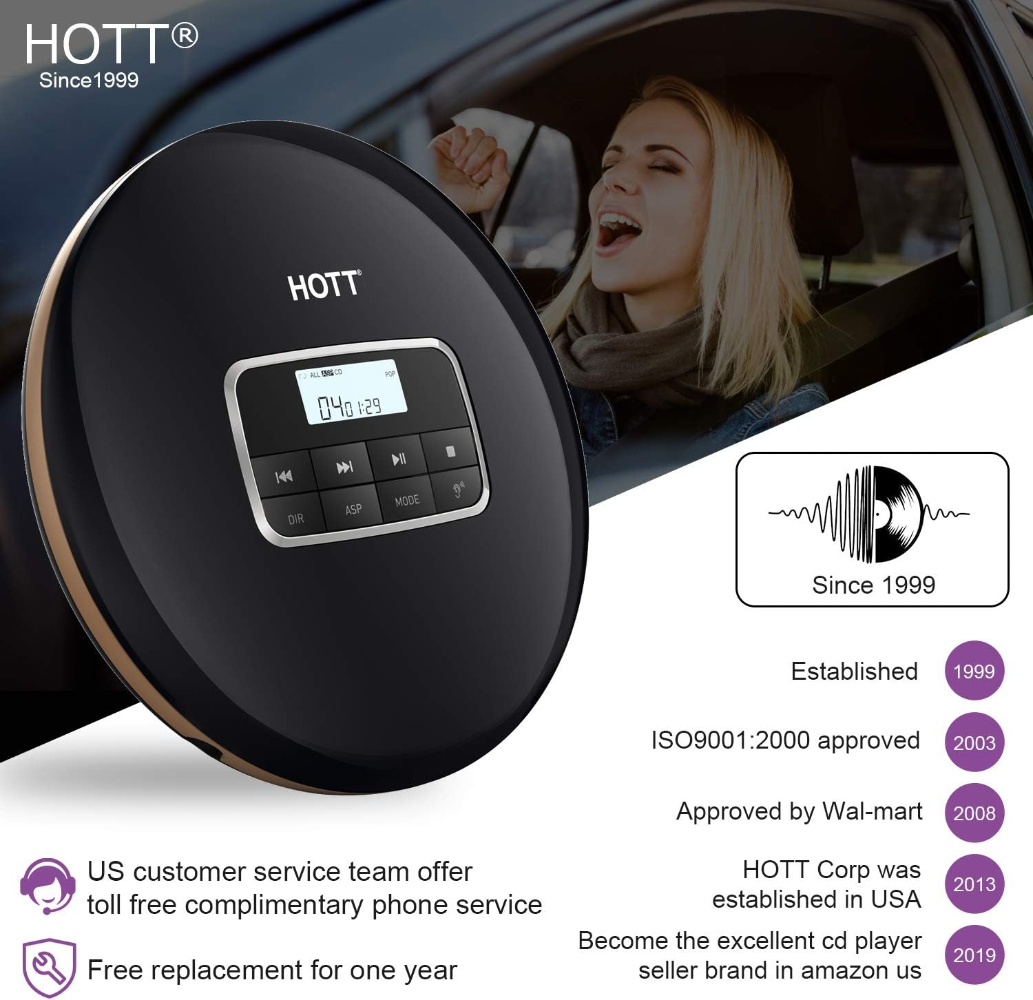 HOTT CD511 Portable CD Player Personal Compact CD Player with LCD Display Anti-Skip/Anti-Shock Walkman Small Music CD Player with Headphones USB