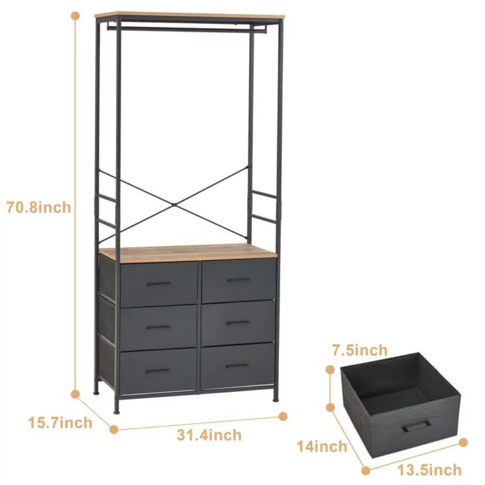 FRAPOW Freestanding Clothing Racks, Wardrobe Cabinet with Hanging Rod and 6 Drawer, Wardrobe Armoire for Bedroom, Wooden Roof
