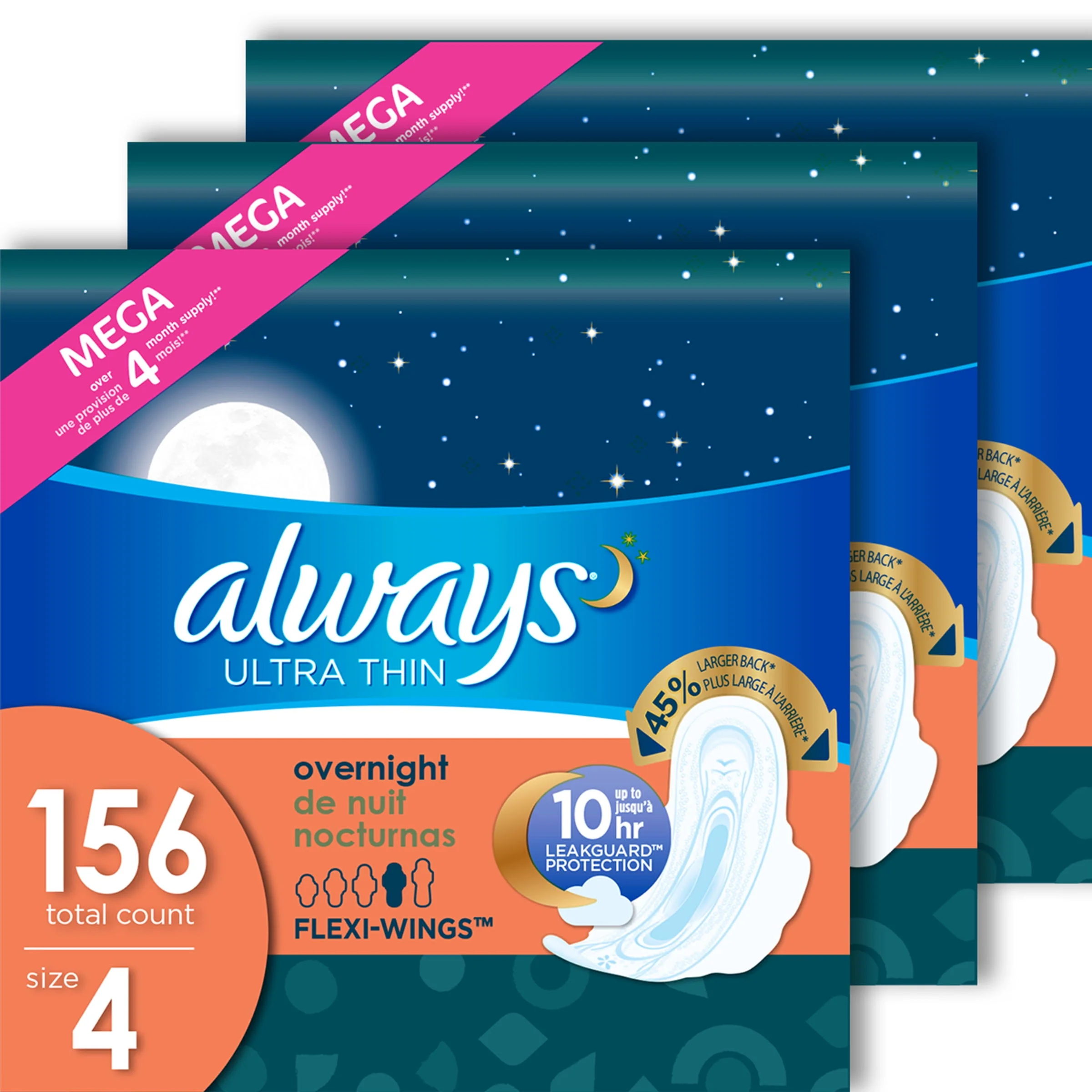 Always Ultra Thin Overnight Pads with Wings, Size 4, Overnight Absorbency, 36 Count