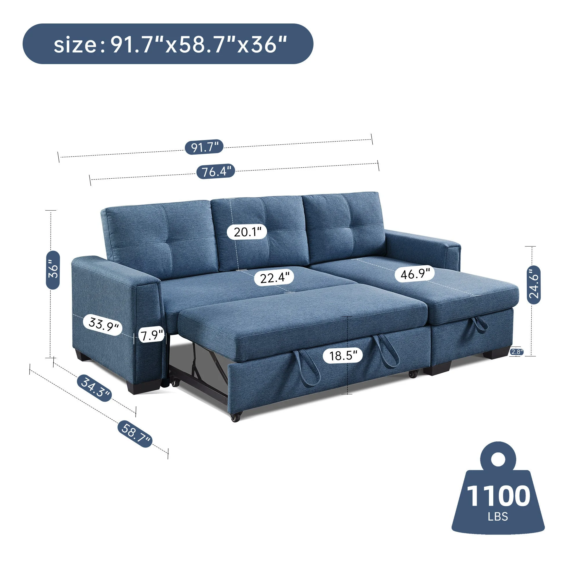 Panora  L-Shape Pull-Out Sleeper Sectional Sofa  - Blue
