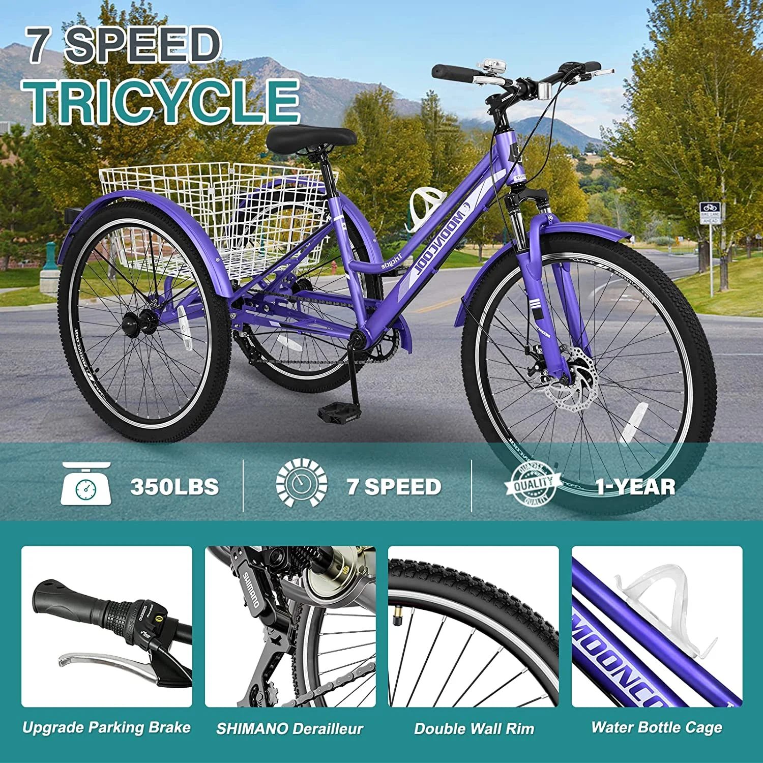 Mooncool Adult Mountain Tricycle, 7 Speed Three Wheel Bike, 24/26/27.5 Inch Adults Trikes for Seniors with Shopping Basket