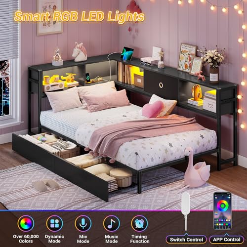 Hasuit Corner Bed Frame with Storage Bookcase, Twin Daybed with Storage Drawers Underneath, Kids Bed Unit with Charging Station and LED Light