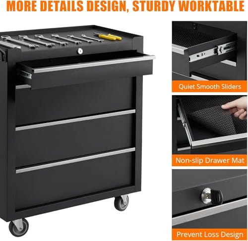 Rolling Tool Chest, 4 Drawers Tool Storage Cabinet, Toolbox with Wheels, Portable Tool Cabinet Organizer with Locking System & Drawer Liners