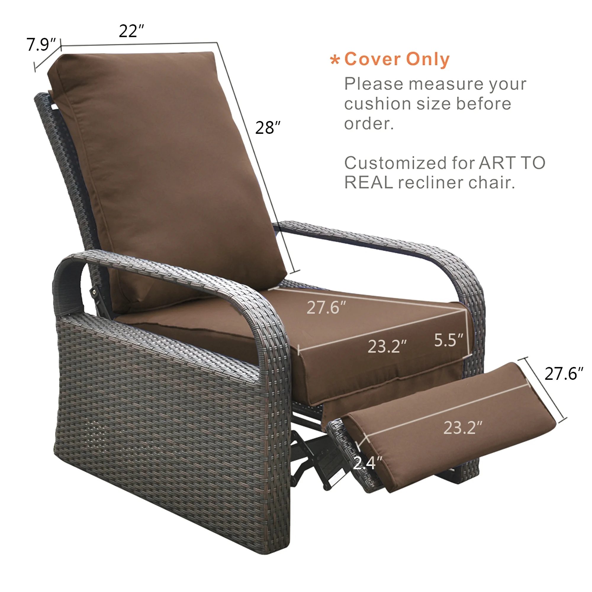 Skypatio Outdoor Recliner Replacement Cushion, UV Protected, Fade Protected, and Waterproof(Cover Can Be Replaced), Brown - Radiant Selections