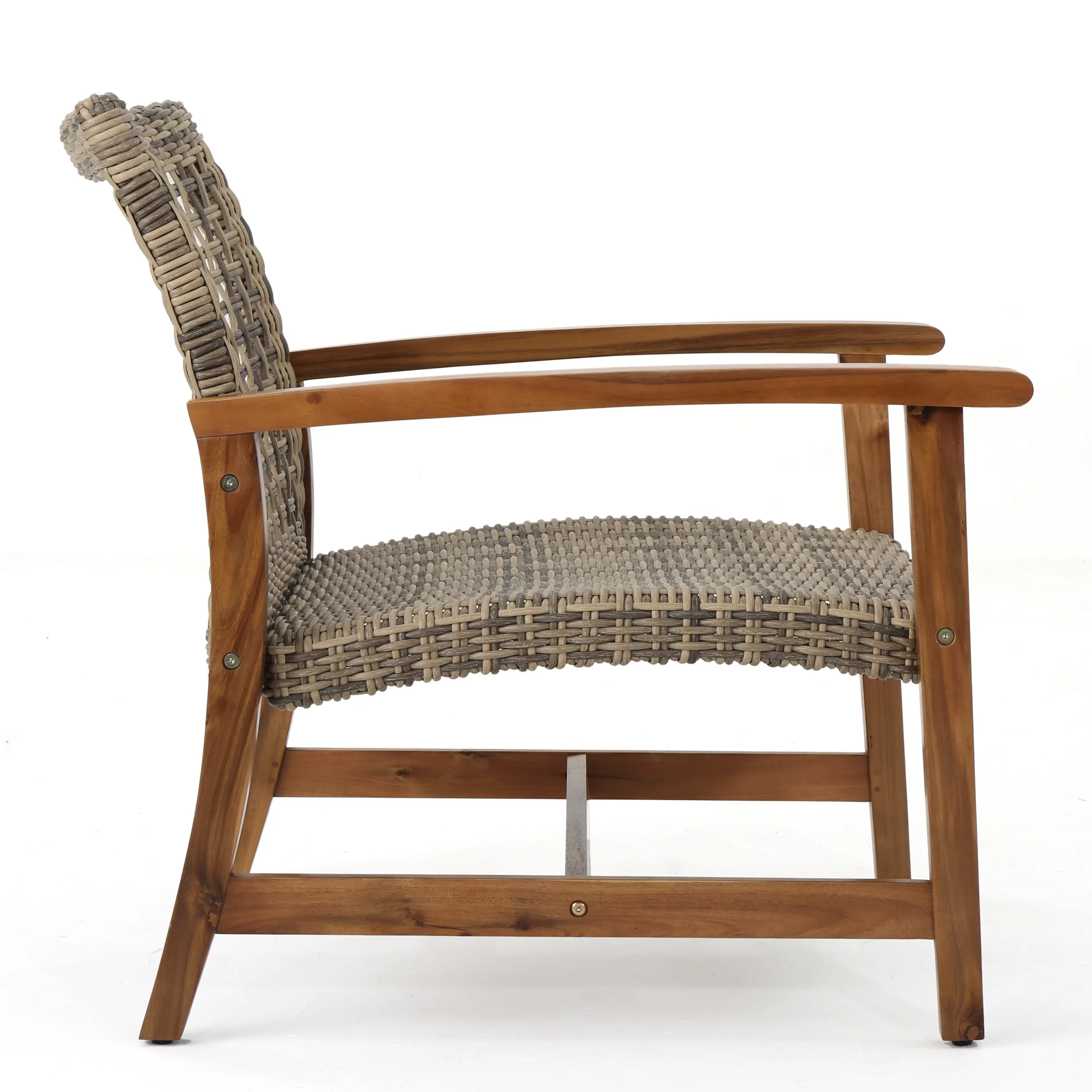 Outdoor Mid Century Wicker Club Chairs with Natural Stained Acacia Wood Frame, Grey