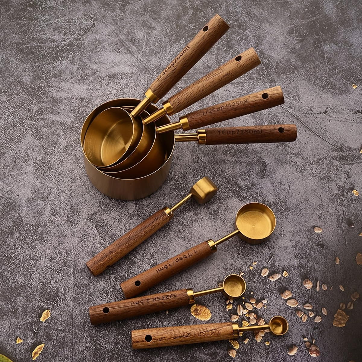 8 pieces Golden Measuring Cups Set and Measuring Spoons Set with Scale, Wooden Handle Stainless Steel Dry &amp