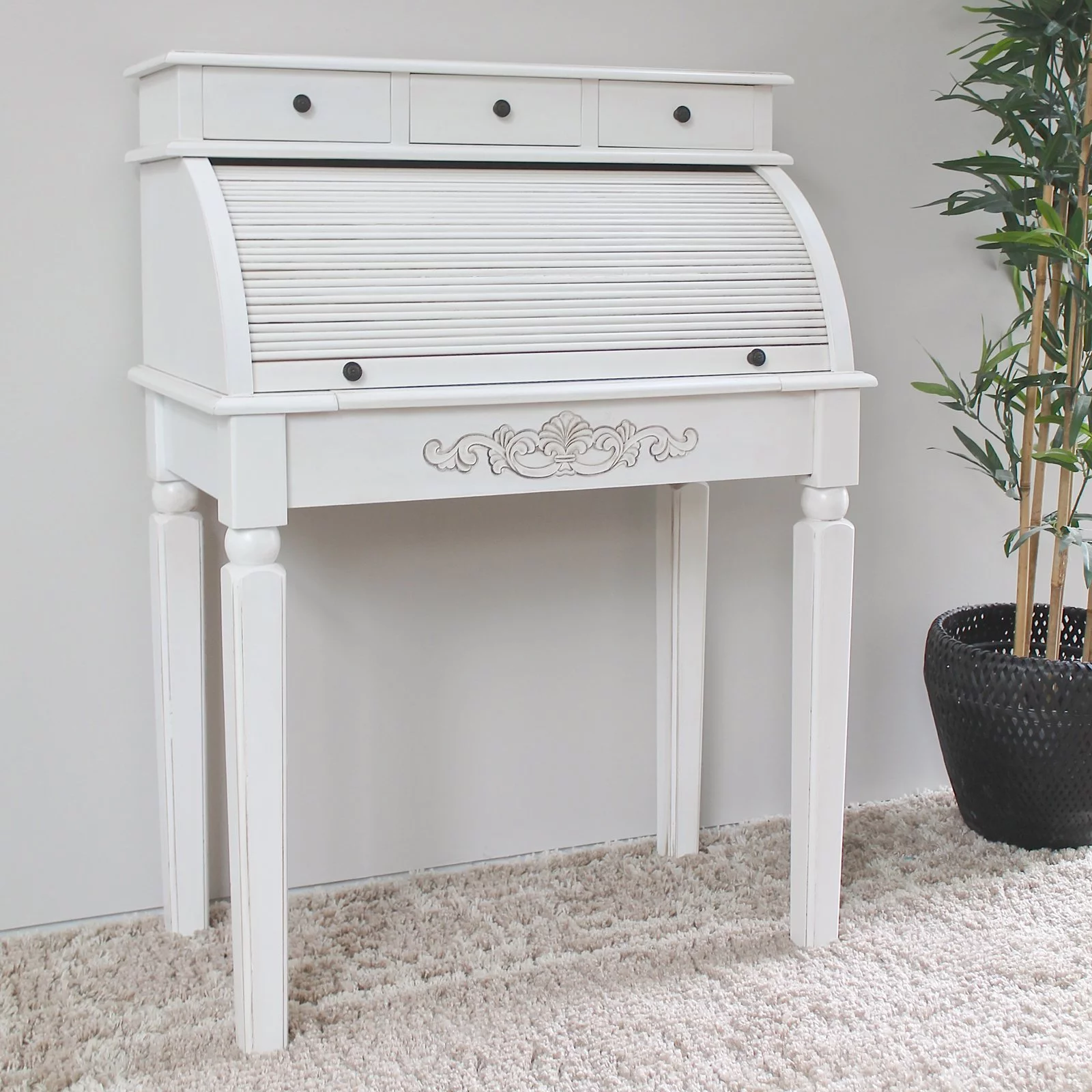 International Caravan Windsor Antique White Hand-Carved 3-Drawer Roll Top Desk