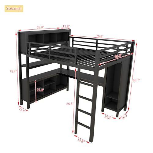 Harper & Bright Designs Full Loft Bed with Desk, Metal Loft Beds with Storage Shelves, Desk, and Wardrobe, Heavy-Duty Loft Bed Frame for Kids, Teens