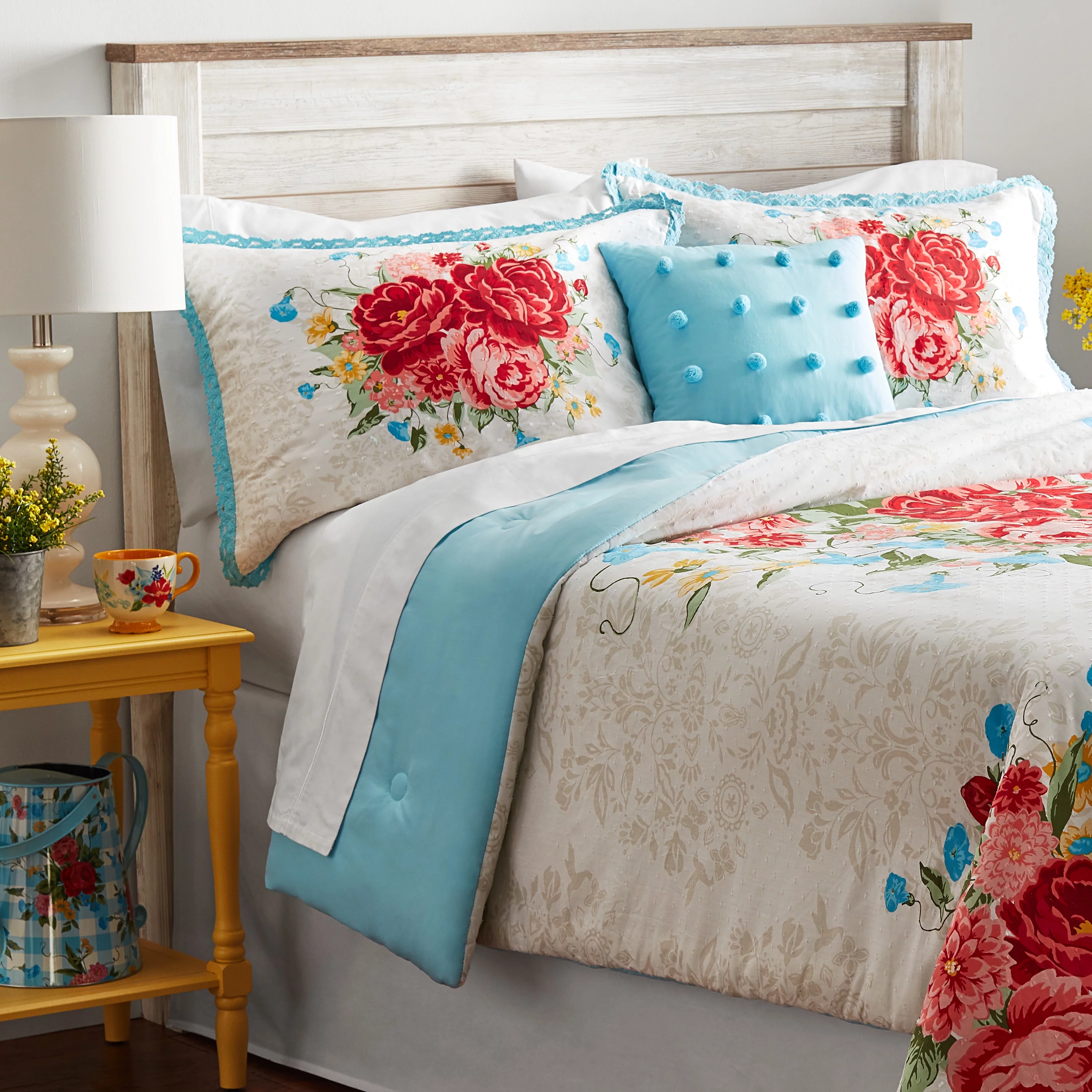 The Pioneer Woman Blue Cotton Sweet Rose 4-Piece Comforter Set, Full / Queen - Curated Treasures Market