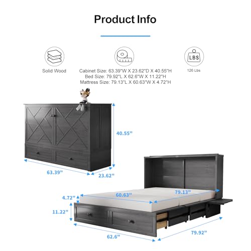 PUREMIND Queen Murphy Bed with Storage Drawers, Camas Con Colchon Incluido, Hideaway Chest Beds with Built-in Charging Station