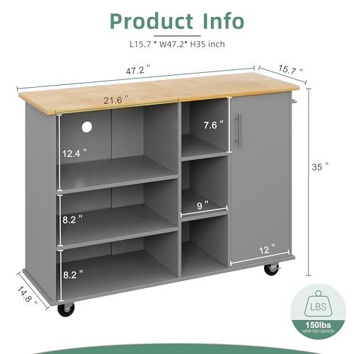 Shintenchi Rolling Kitchen Island Cart with Folding Drop Leaf Breakfast Bar, Portable Trolley Island with Large Storage Cabinet, Shelf and Drawer