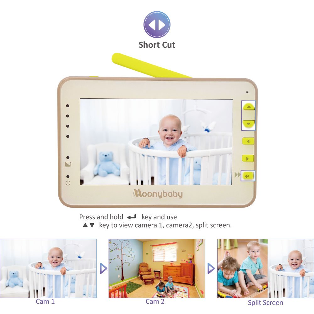 Moonybaby Split 55 Baby Monitor with 2 Cameras, Split Screen Video, No WiFi Pan Tilt Camera, Wide View Lens Included, 4.3 inches Large Monitor