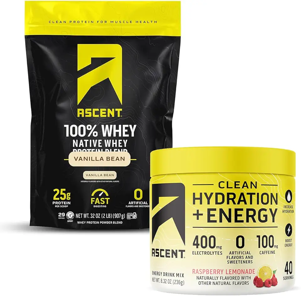 Ascent 100% Whey Protein Powder, Vanilla Bean 2 lb & Hydration + Energy Electrolytes, Raspberry Lemonade 40 Servings - Kansas Nuitrition - HNZSDS